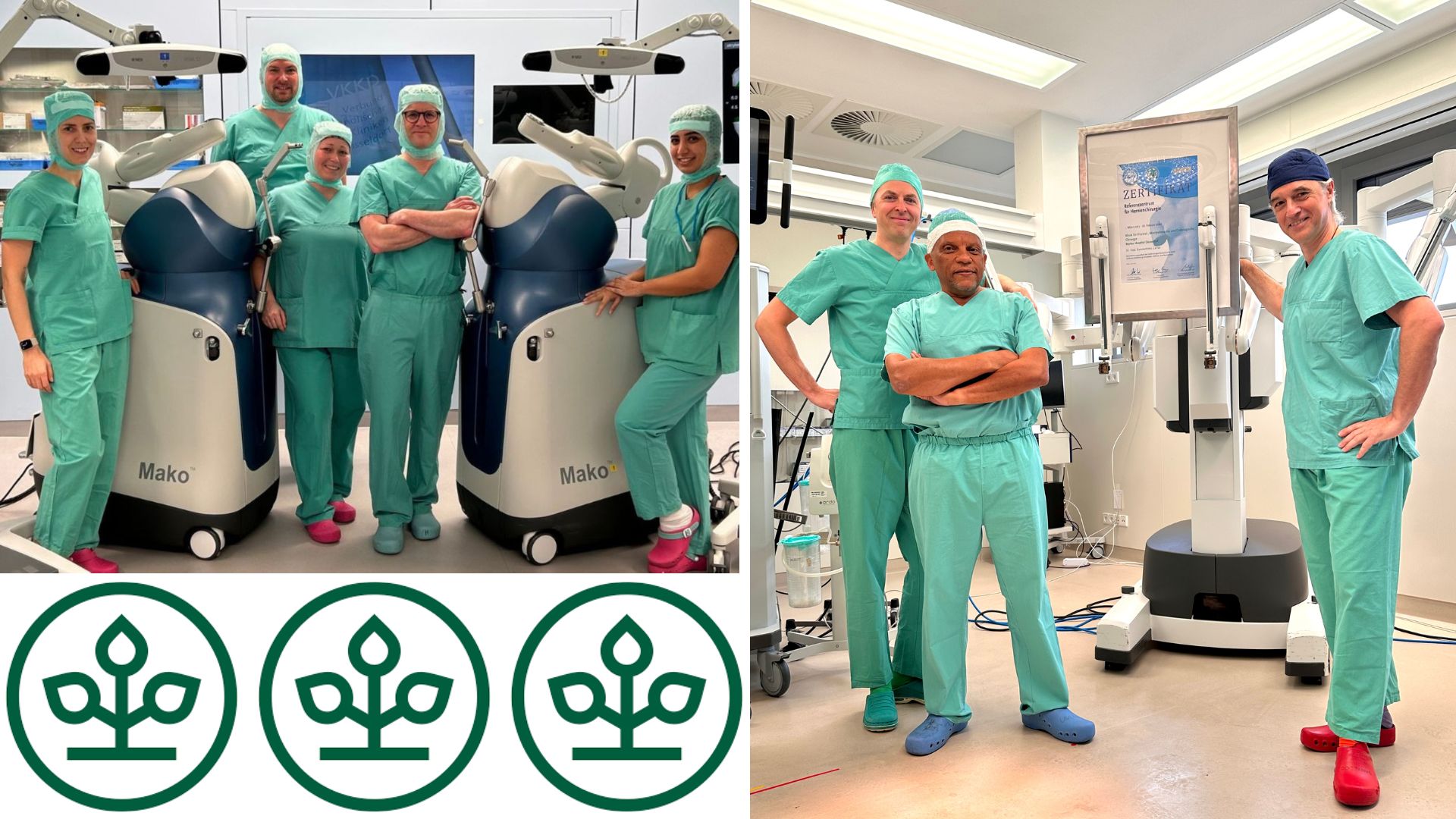 Links ist ein Foto des Teams der Orthopädie mit zwei OP-Robotern im OP. Rechts ist das Team der Hernienchirurgie vor dem OP-Roboter. IN der unteren Ecke ist das Logo der drei AOK-Lebensbäume.